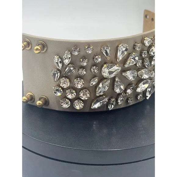 J. Crew Beige Leather Floral Rhinestone Statement Cuff Bracelet - Picture 5 of 11